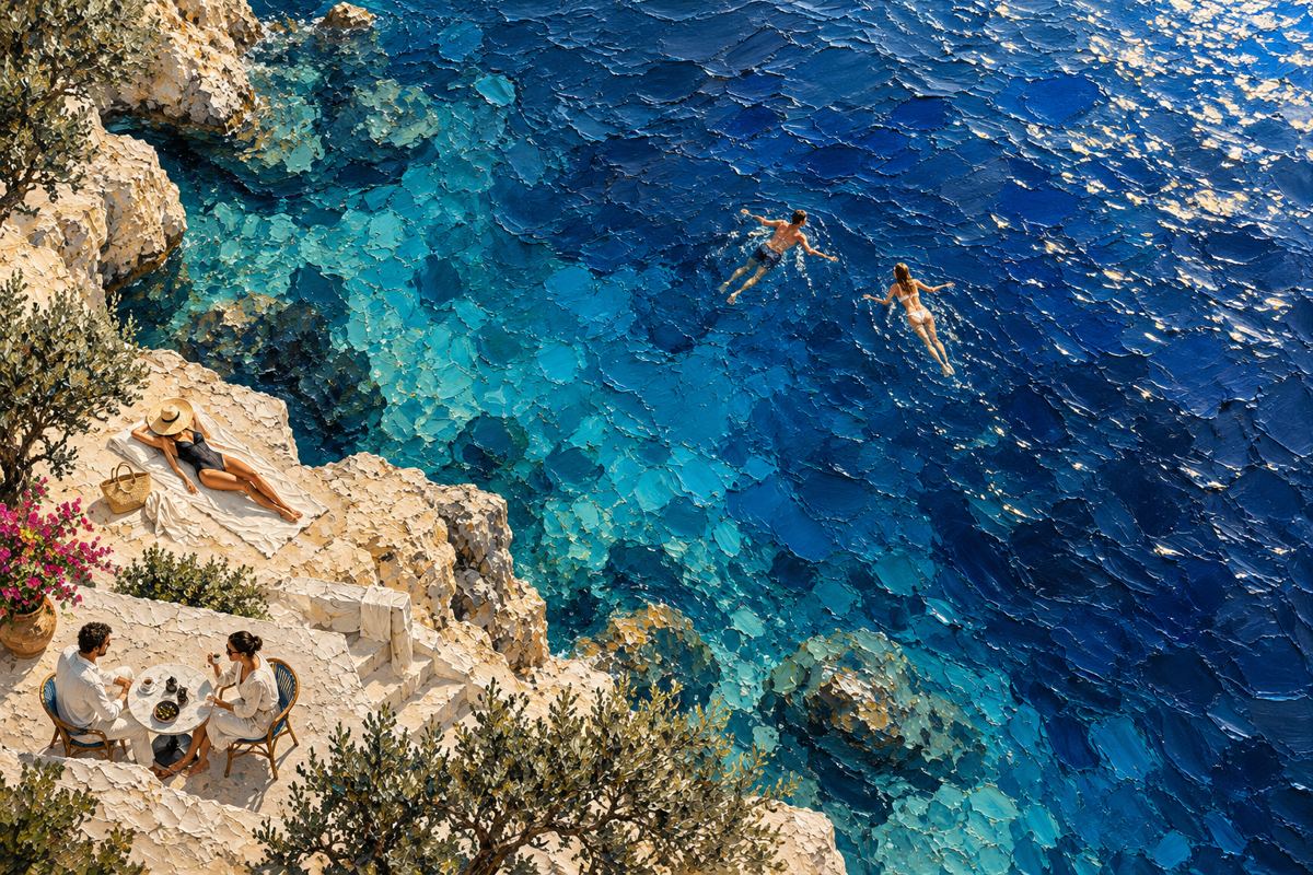 Textured coastal artwork with swimmers and friends enjoying espresso beside the Mediterranean