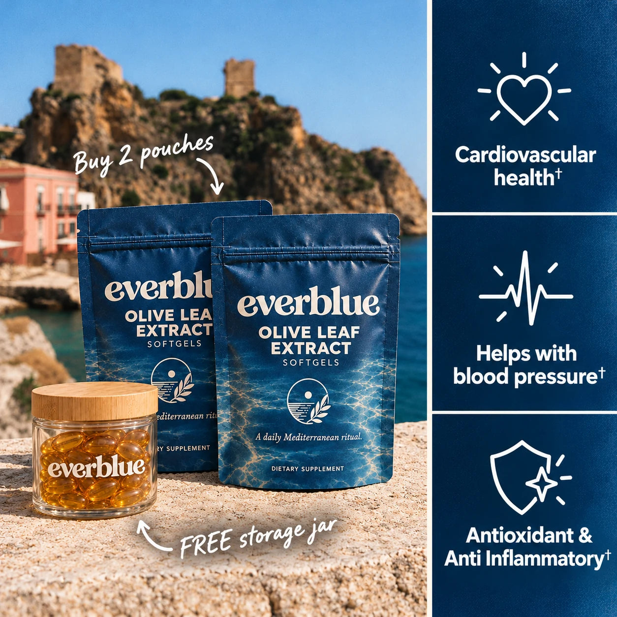 EVERBLUE cobalt-blue olive leaf extract softgel jar beside olive leaves on sunlit stone